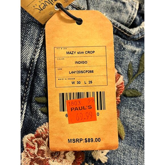 Silver Jeans NWT Women’s Mazy Slim Crop Size W:30 L:25 Embroidered Roses Denim - Picture 8 of 16